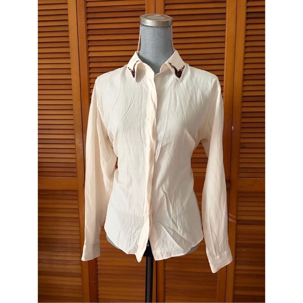 Vintage Pendleton Cream Button-Front Blouse with Embroidered Collar